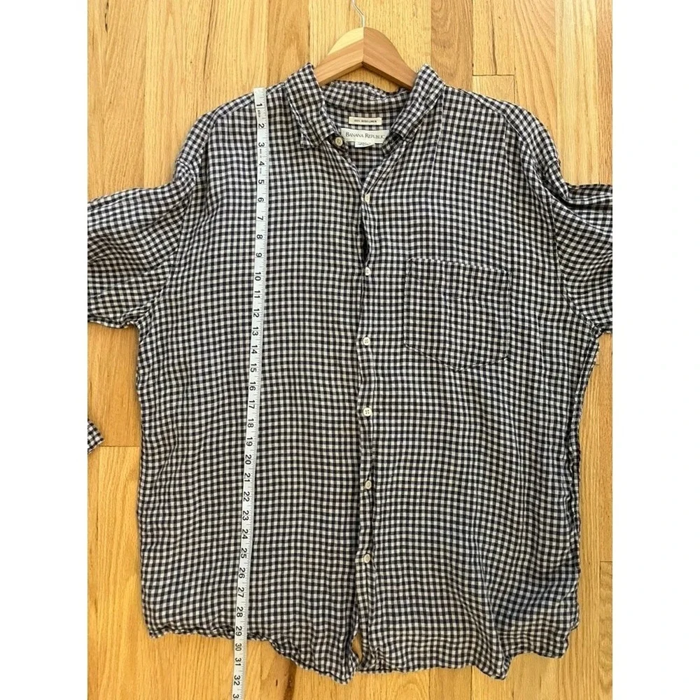 Banana Republic Mens XL 100% Irish Linen Gingham Button Down Shirt Navy White